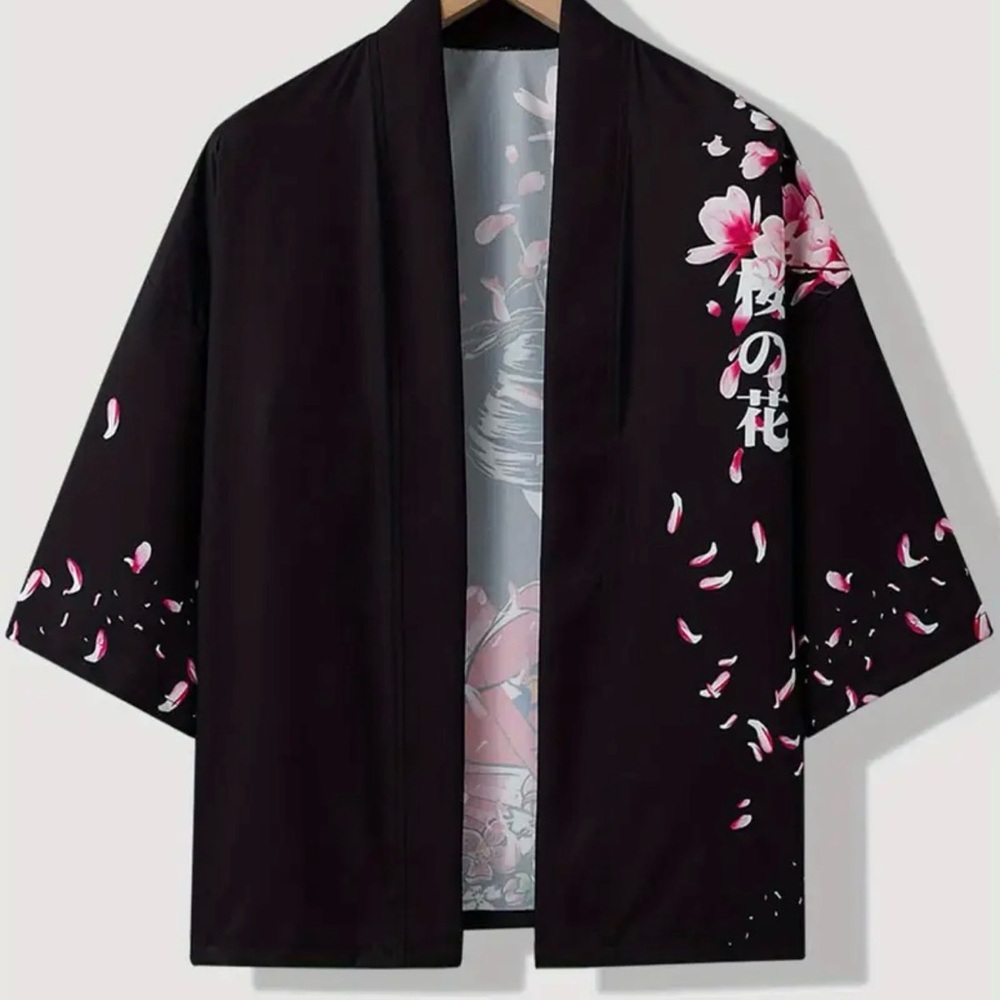 Black Kimono with Pink Floral Design
